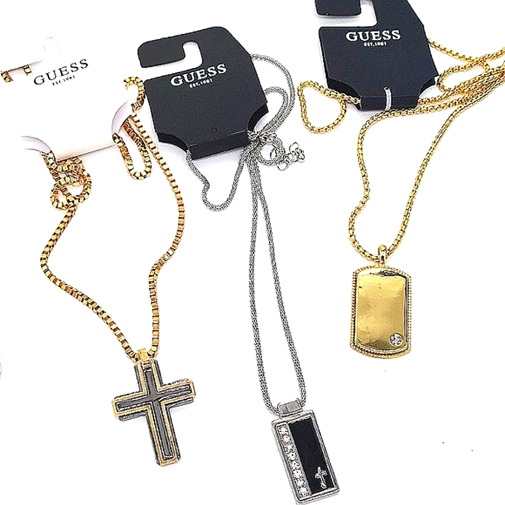 GUESS 25" Cross Dog Tag Bling CZ Crystals Necklaces